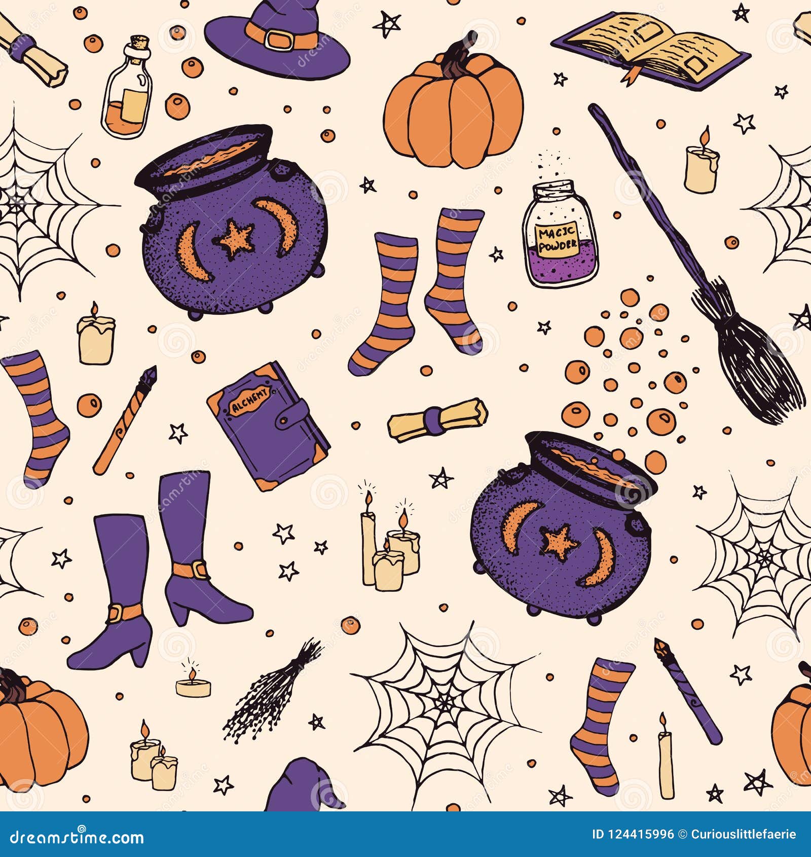  halloween pattern with hand drawn pumpkin, cauldron, spider web, potions, magic books, witchÃ¢â¬â¢s broom, hat, socks and boo